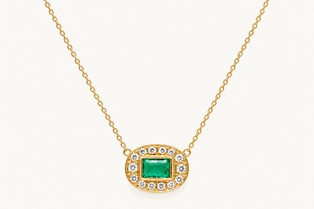 Necklace 18kt Gold Emerald cut Emerald & Pave Diamonds