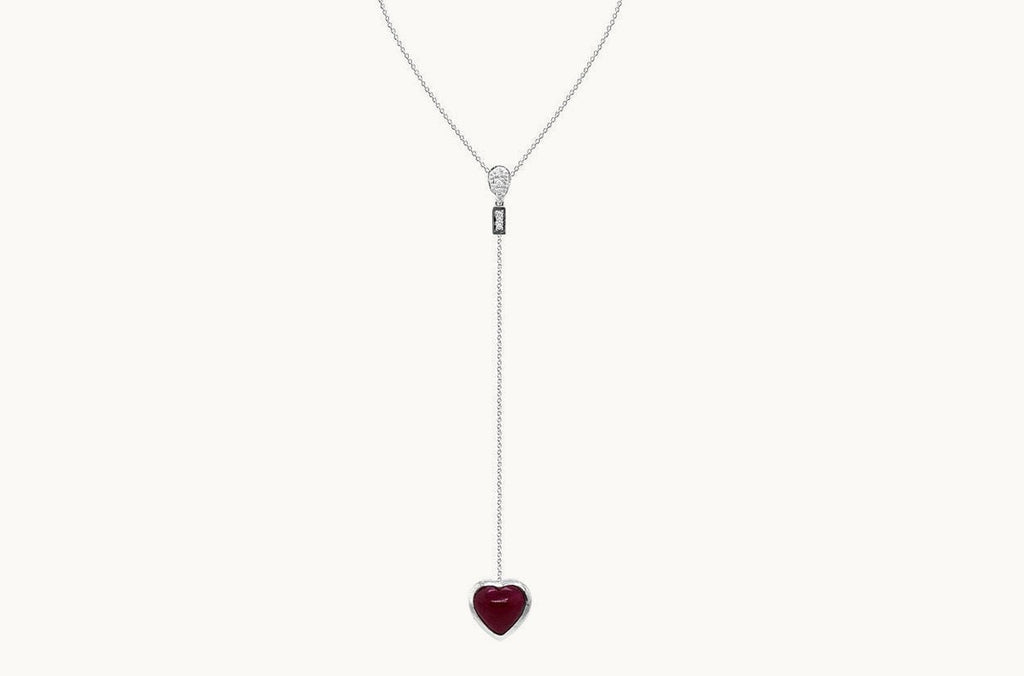 Necklace 18kt Gold Y shape with Ruby Heart & Diamonds
