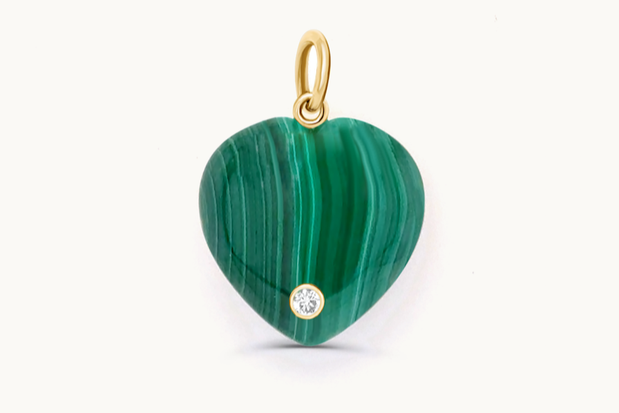 Pendant 14kt Gold Malachite Heart & Round Diamonds