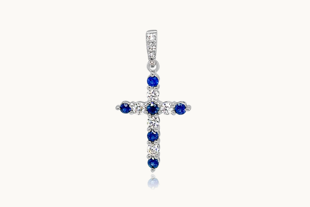 Pendant 18kt Gold Round Diamonds & Sapphires Cross