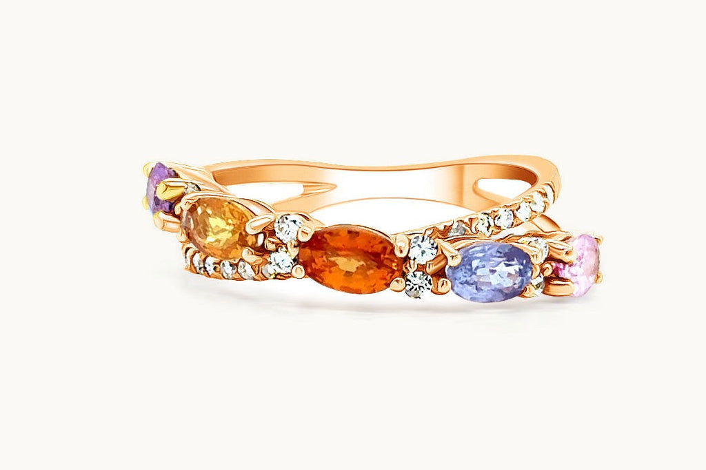 Ring 14kt Gold Criss-Cross Multicolor Sapphires & Diamonds