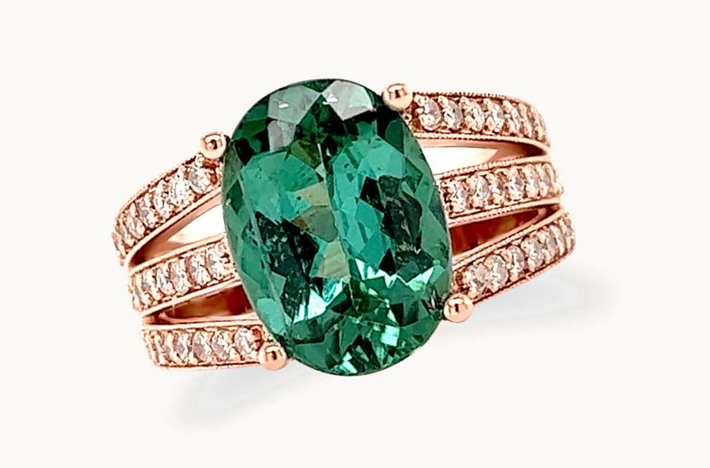 Ring 14kt Gold Oval Green Tourmaline & Diamonds Split Shank