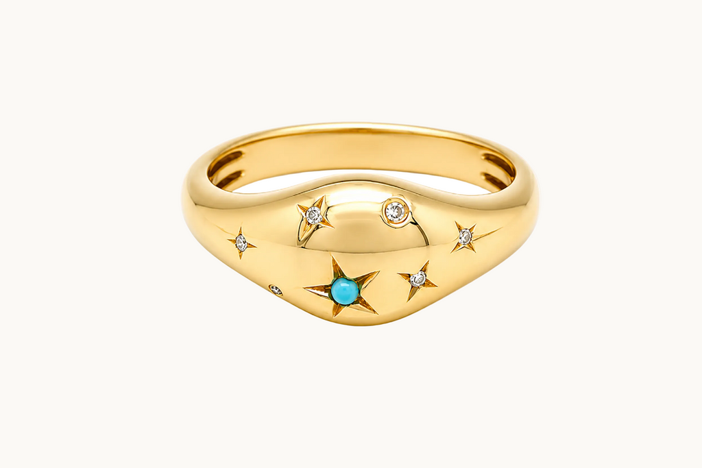 Ring 14Kt Yellow Gold Diamonds & Turquoise