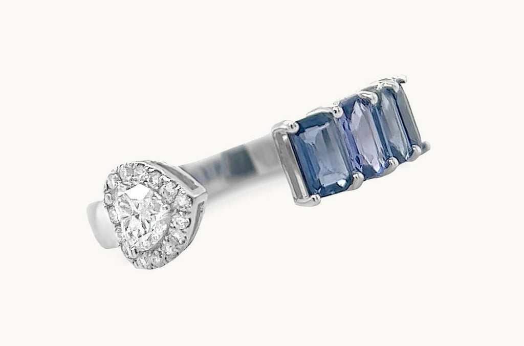 Ring 18kt Gold Blue Sapphires & Diamonds Heart Open Band