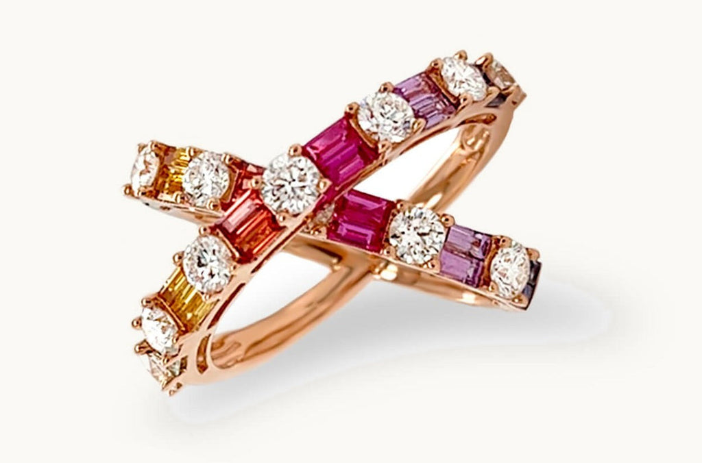 Ring 18kt Gold Criss-Cross Sapphires & Diamonds