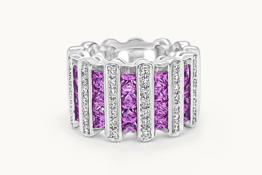 Ring 18Kt Gold Diamonds and Princess Cut Pink Sapphires
