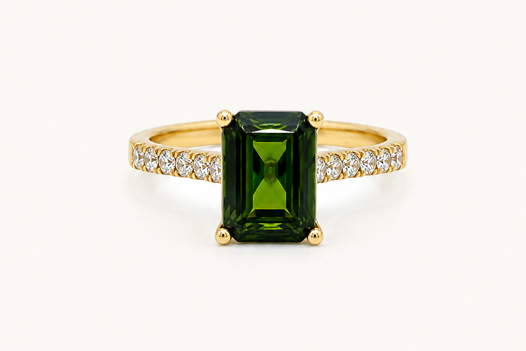 Ring 18kt Gold Emerald Cut Tourmaline & Diamonds