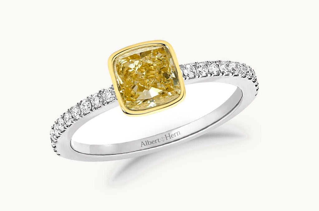 Ring 18kt Gold GIA Square Fancy Yellow Diamond & Pave