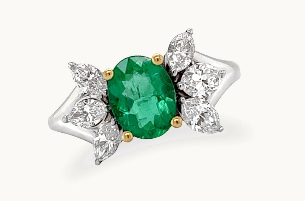 Ring 18kt Gold Majestic GIA Oval Emerald & Marquise Diamonds