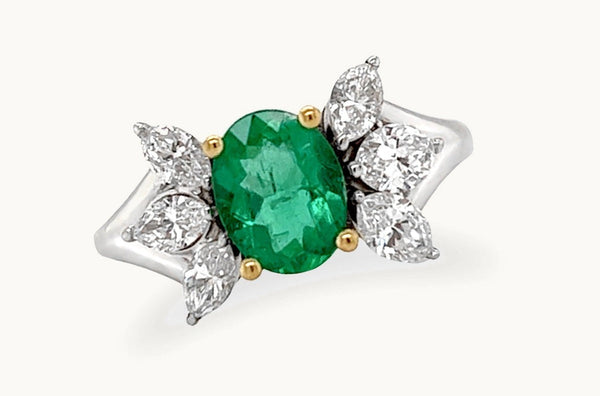 Ring 18kt Gold Majestic GIA Oval Emerald & Marquise Diamonds
