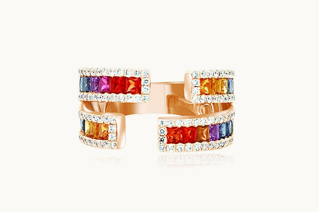 Ring 18kt Gold Multicolor Double Band Open Ring & Diamonds