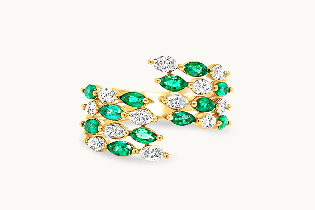 Ring 18kt Gold open Spring Pear Shape Emeralds & Diamonds