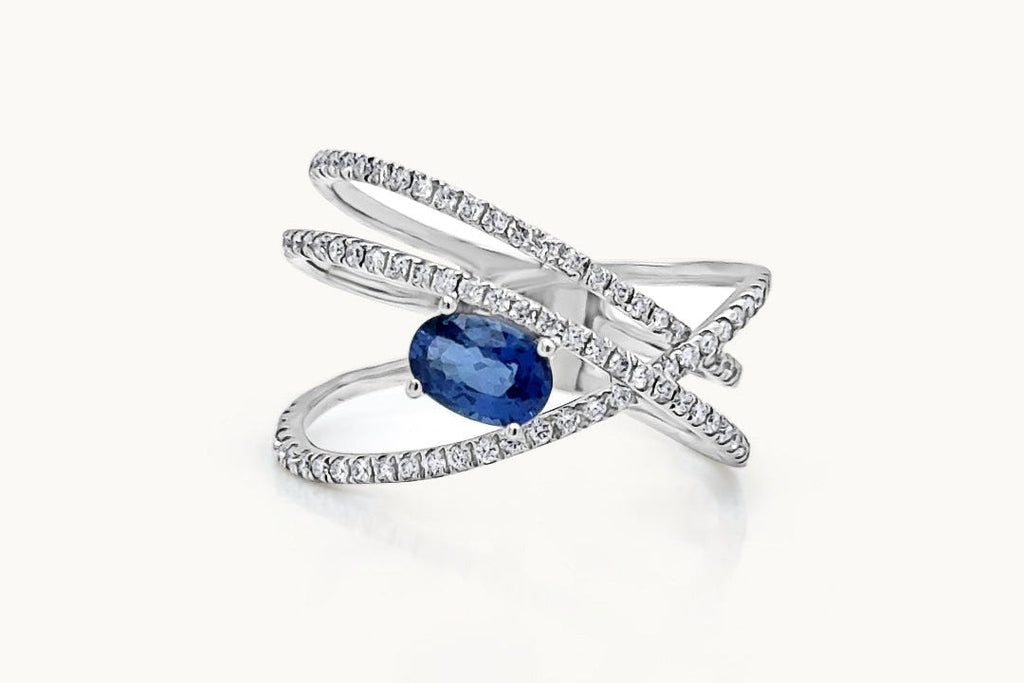Ring 14kt Gold Oval Sapphires & Diamonds Criss-Cross