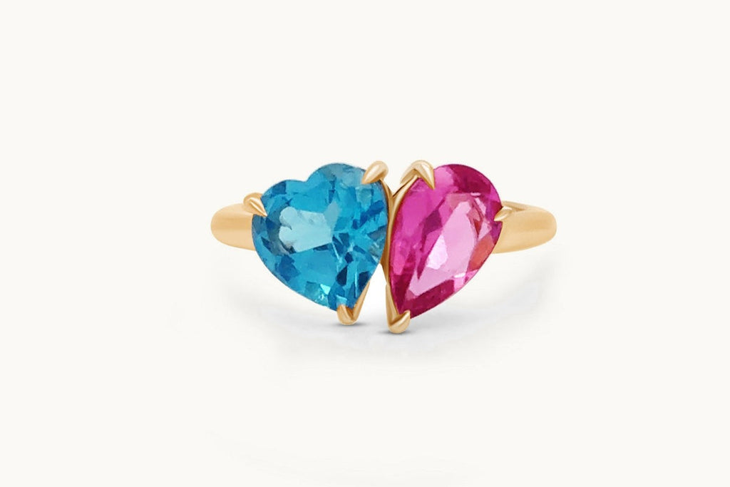 Ring 18Kt Gold Pear Tourmaline and Heart Shape Blue Topaz