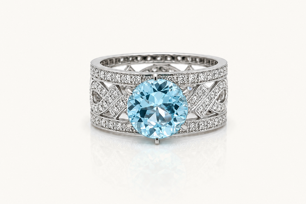 Ring 18Kt Gold Round Blue Topaz 3.38 carats Diamonds 0.60 carats