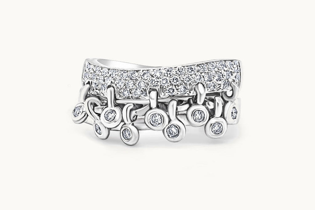 Ring 18kt White Gold Round Diamonds Double Curved Band