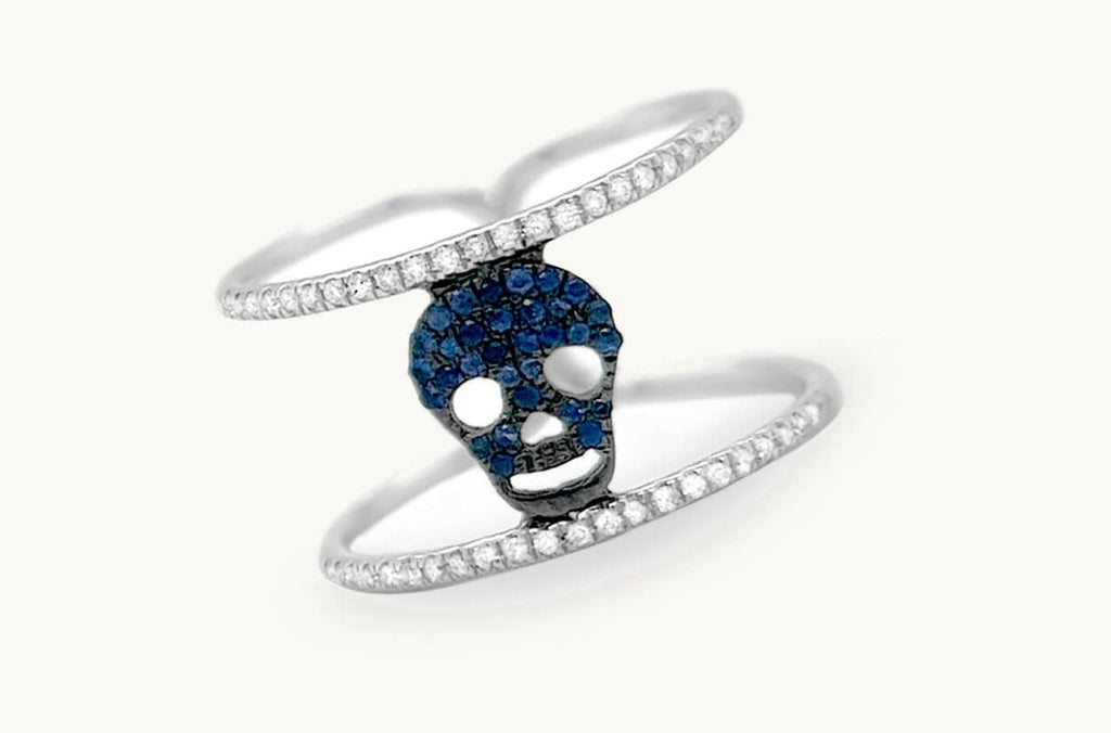 Ring 18kt Gold Skull Sapphires & Double-Row Diamonds