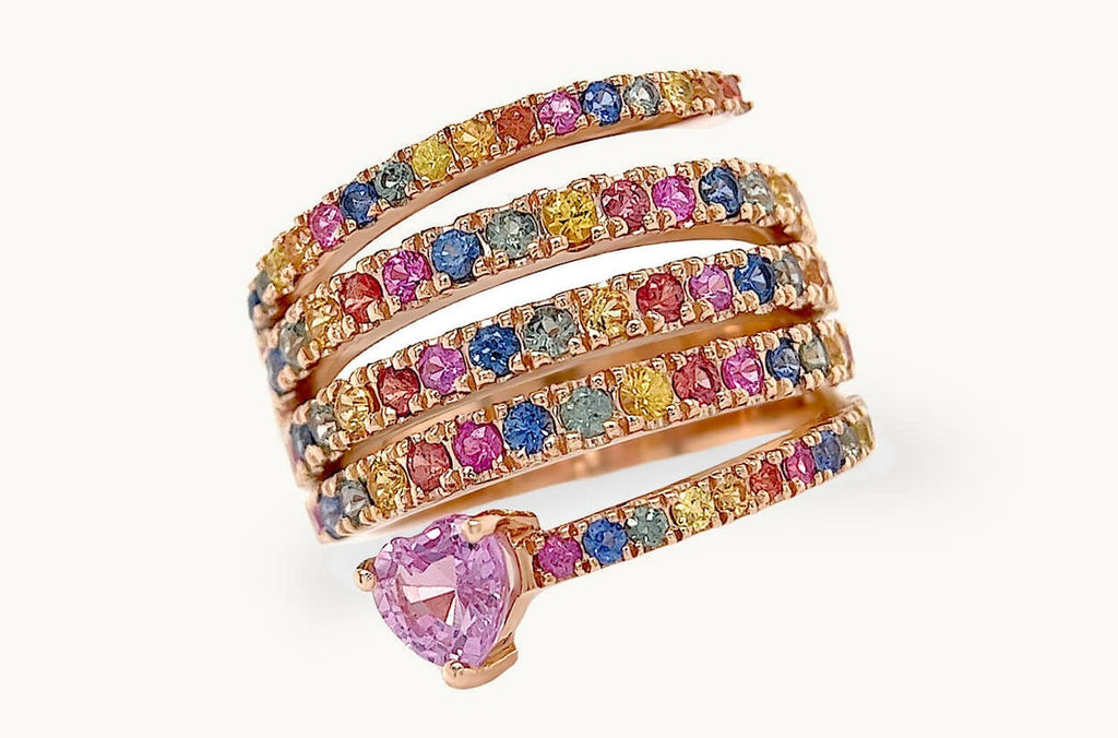 Ring 18kt Gold Spiral Rainbow Multicolor Sapphires & Heart