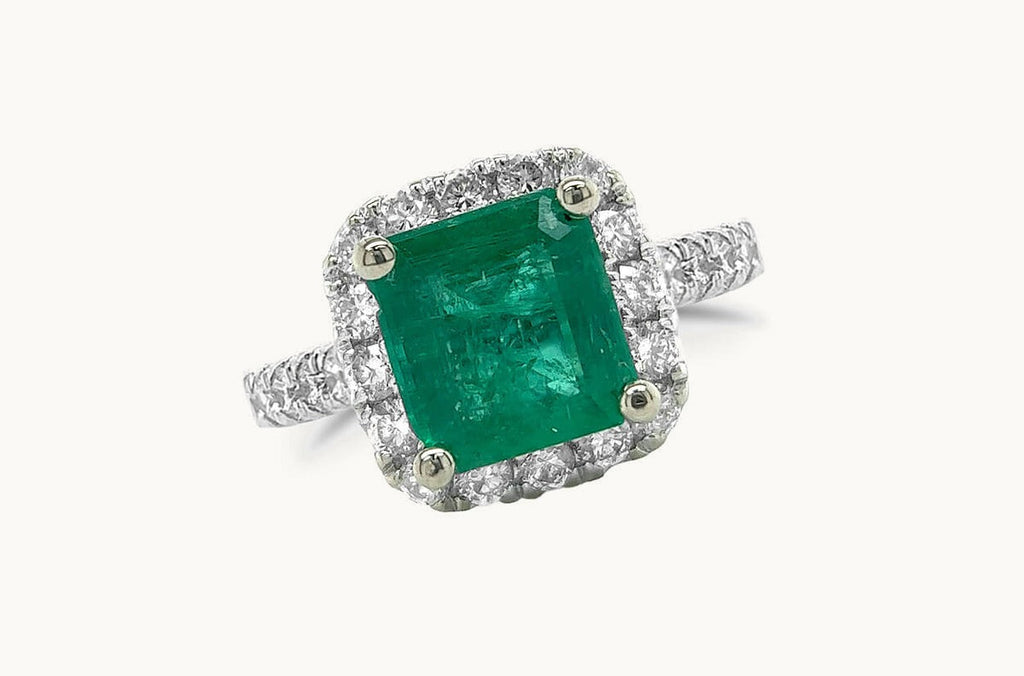 Ring 18kt Gold Square GIA Emerald & Diamonds Pave