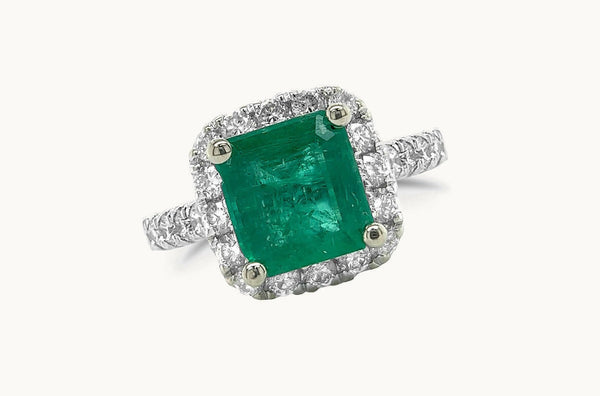 Ring 18kt Gold Square GIA Emerald & Diamonds Pave