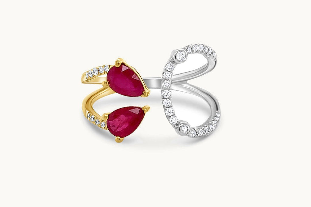 Ring 18kt Mixed Gold 2 Pear Rubies with Diamonds