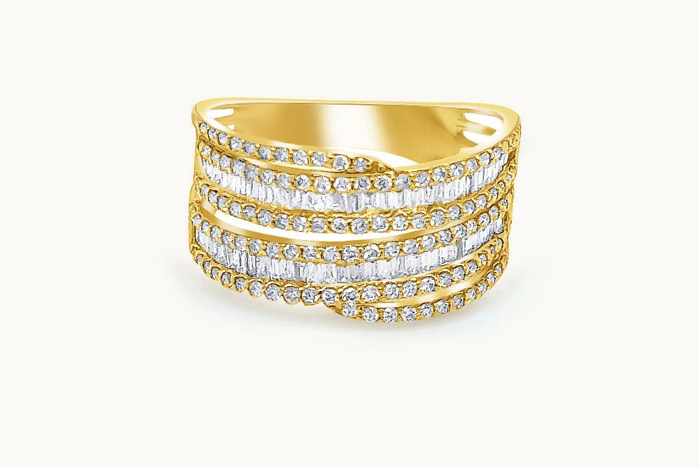 Ring 18kt Yellow Gold Round & Baguette Diamonds Double Band