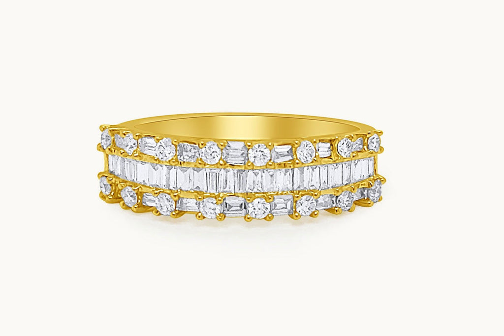 Ring 18kt Yellow Gold Round & Baguette Diamonds Half Band