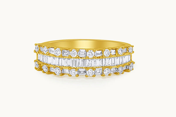 Ring 18kt Yellow Gold Round & Baguette Diamonds Half Band