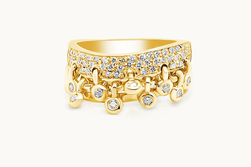 Ring 18kt Yellow Gold Round Diamonds Double Curved Band