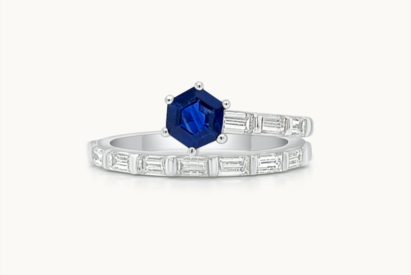 Ring Platinum Blue Sapphire Ceylon &  Baguettes Diamonds