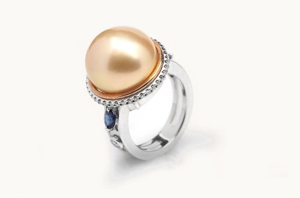 Ring South Sea Golden Pearl with Diamonds & Blue Sapphire