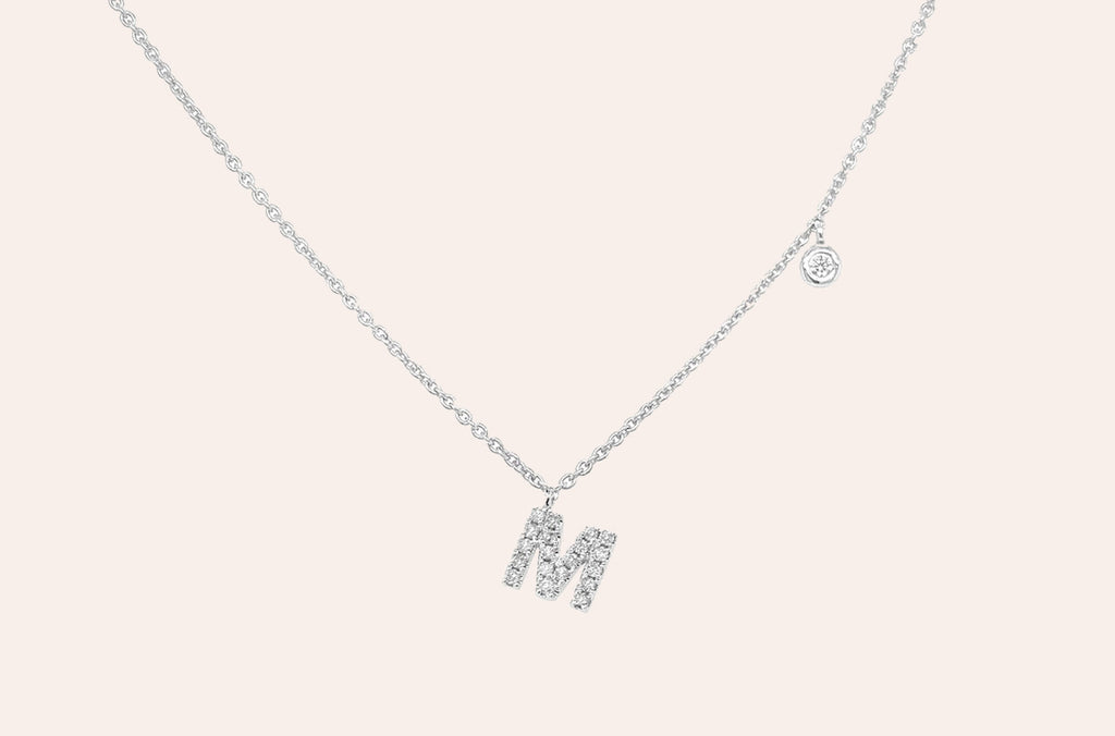 Necklace Initial Letter M White Gold with Diamond