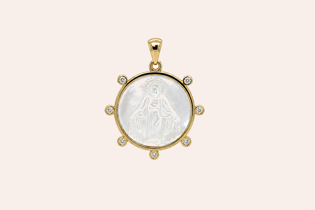 Necklace 18kt Gold Mother Pearl Diamonds Medal Pendant