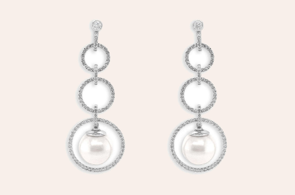 Earrings 18kt Gold Circle Drop with Pearls & Diamonds