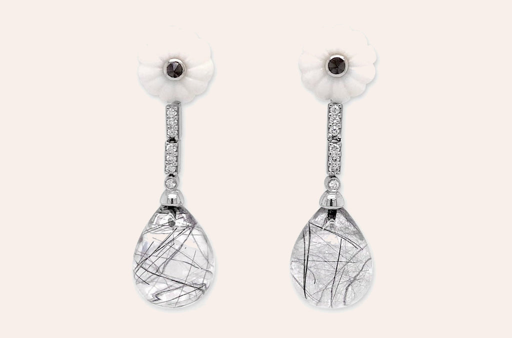 Earrings 18kt Carved White Onyx with Rutilated Quartz & Diamonds