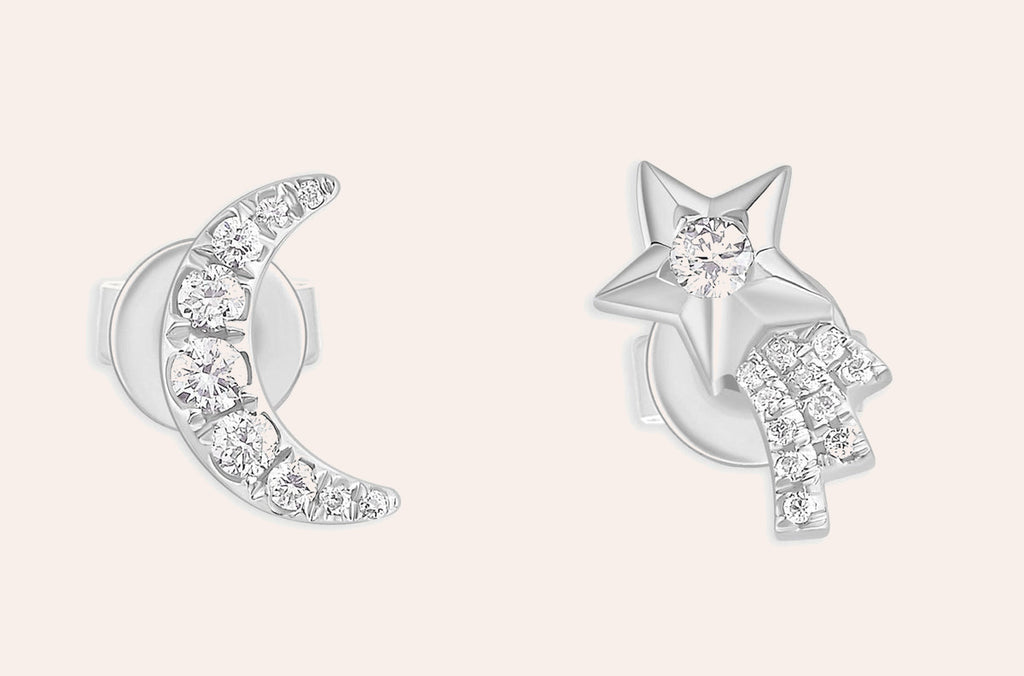 Earrings 14kt Gold Moon & Shooting Star with Diamonds