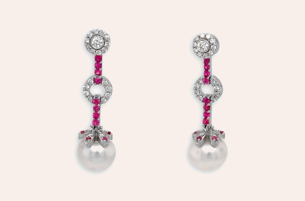 Earrings 18kt Gold Pink Sapphires with Pearls & Detachable Diamonds