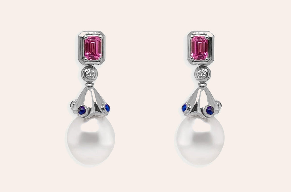 Earrings 18kt Gold South Sea Pears Sapphires & Diamonds