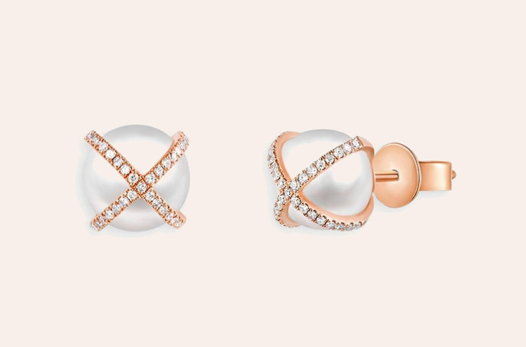 Earrings 14kt Gold Criss Cross Pearls & Diamonds