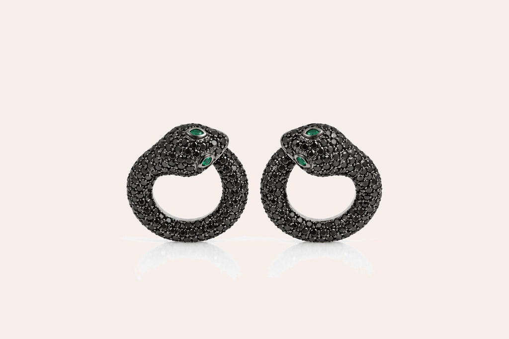Earrings 18kt Gold Snake Shape Black Diamonds and Emeralds
