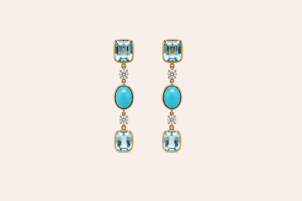 Earrings 14kt Gold Turquoise, Aquamarines & Diamonds Drops
