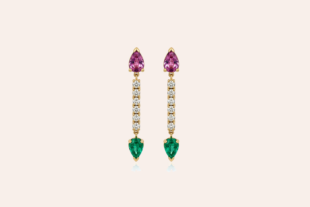 Earrings 14kt Gold Emeralds, Purple Sapphires & Diamonds Drops