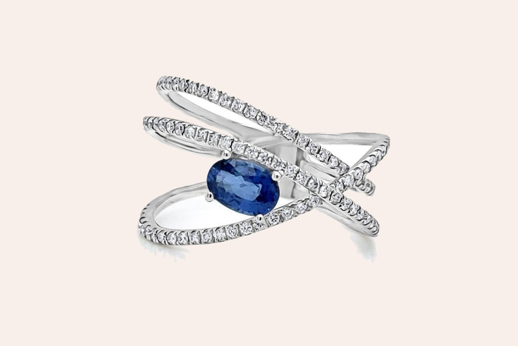 Ring 14kt Gold Oval Sapphires & Diamonds Criss-Cross