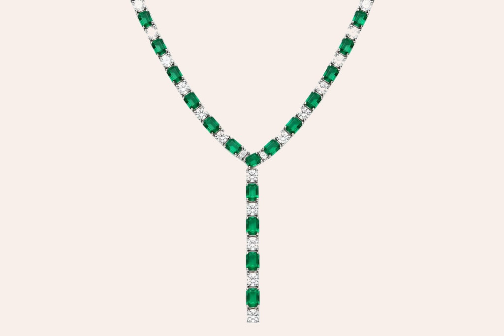 Necklace 14kt Gold Emeralds and Diamonds Tennis with extension