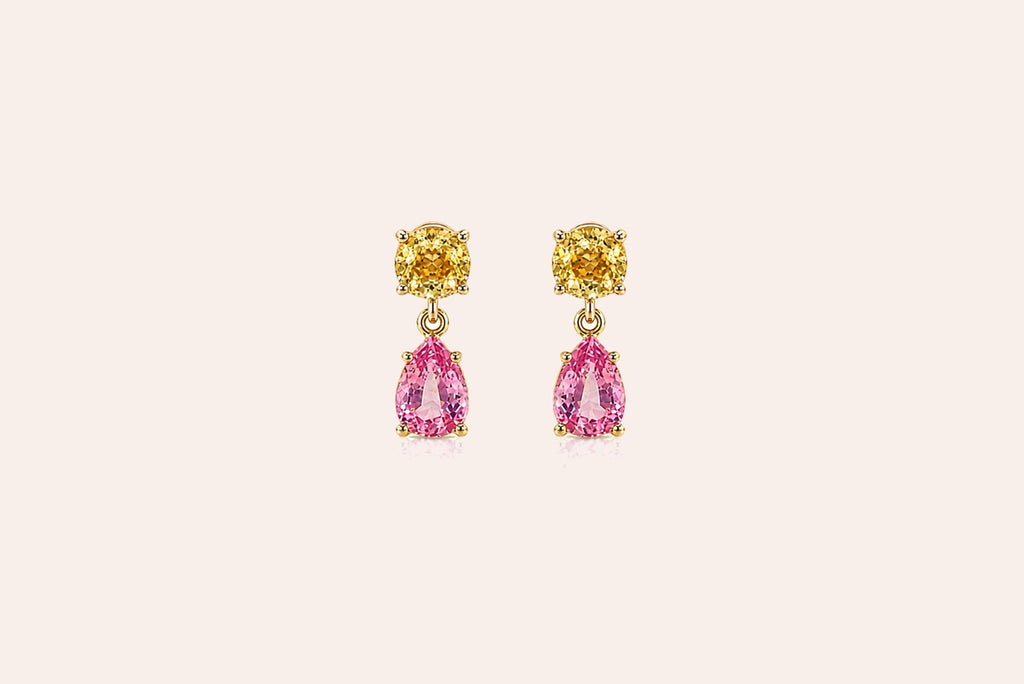 Earrings 14kt Gold Yellow and Pink Sapphires Drops