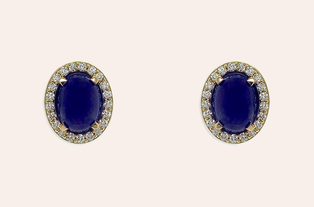 Earrings 18kt Gold Oval Sapphire Cabochons & Diamonds Studs