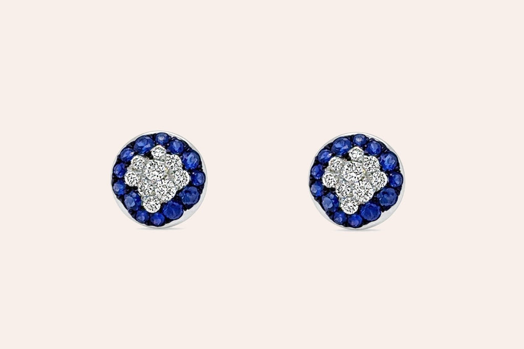 Earrings 18Kt Gold Sapphires and Diamonds Round Stud