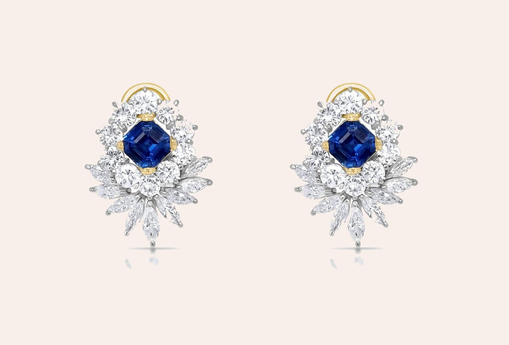 Earrings Platinum and 18kt Gold Asscher Cut Sapphire & Marquise Diamonds