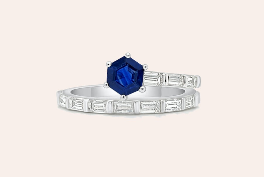 Ring Platinum Blue Sapphire Ceylon &  Baguettes Diamonds