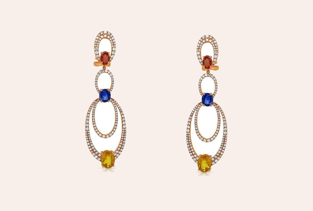 Earrings 18Kt Rose Gold Oval Drop with Multicolor Sapphires and Diamonds